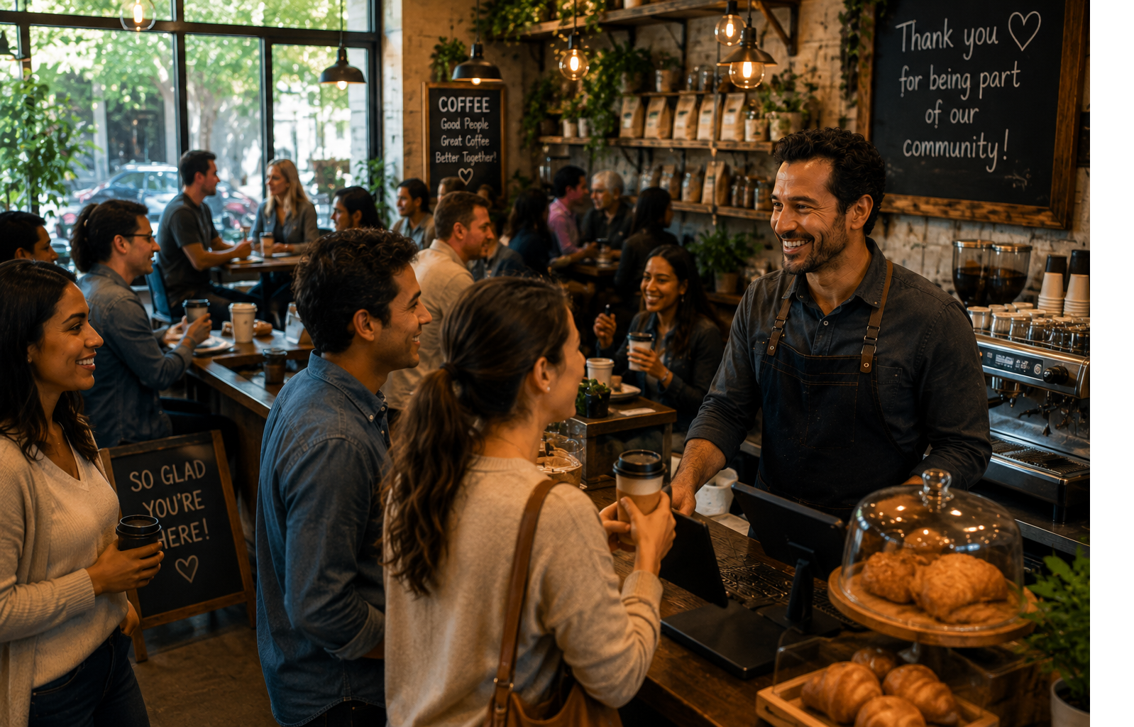 Busy local business with returning customers and steady activity