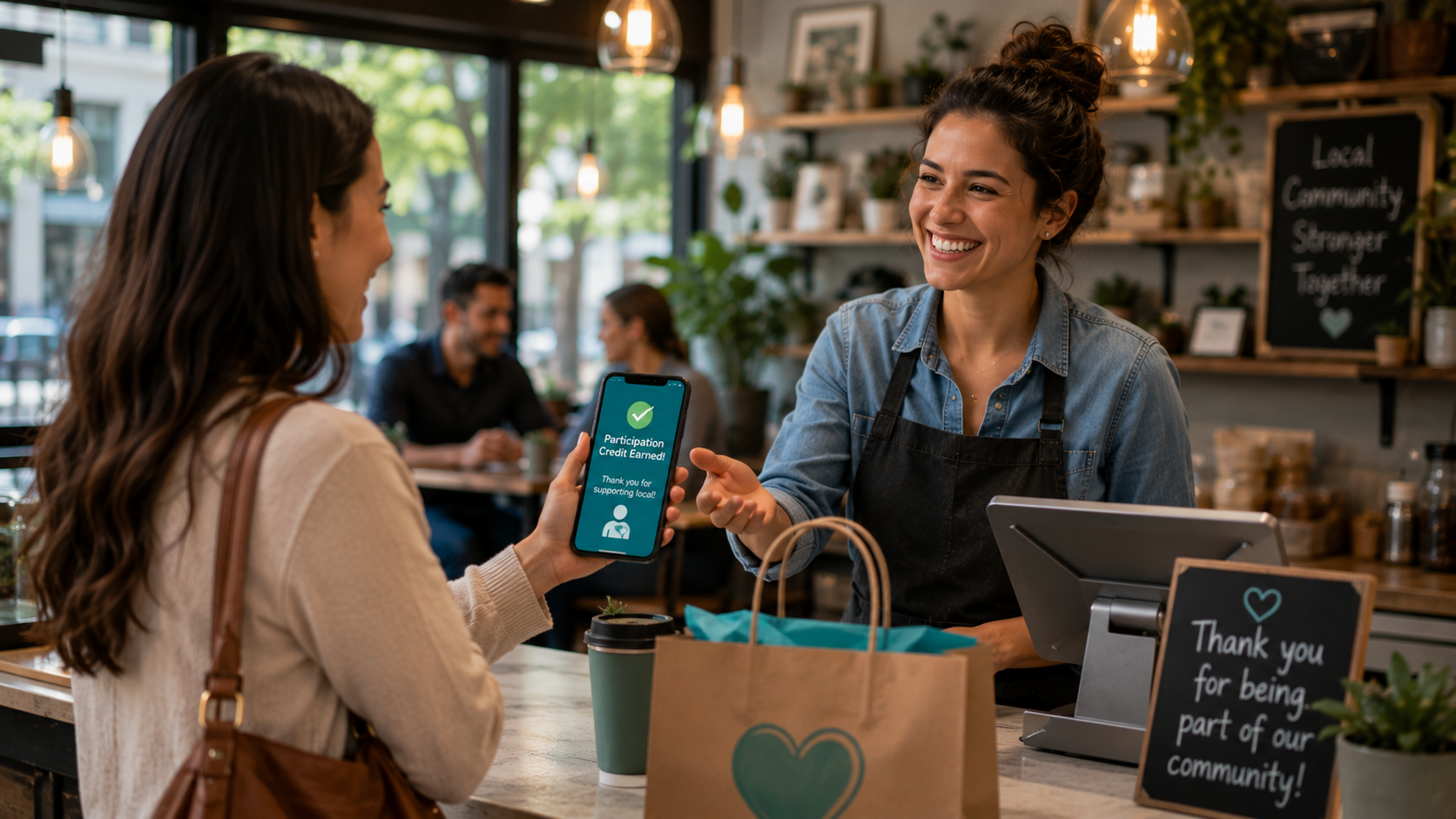 Customer earning participation credits at a local business
