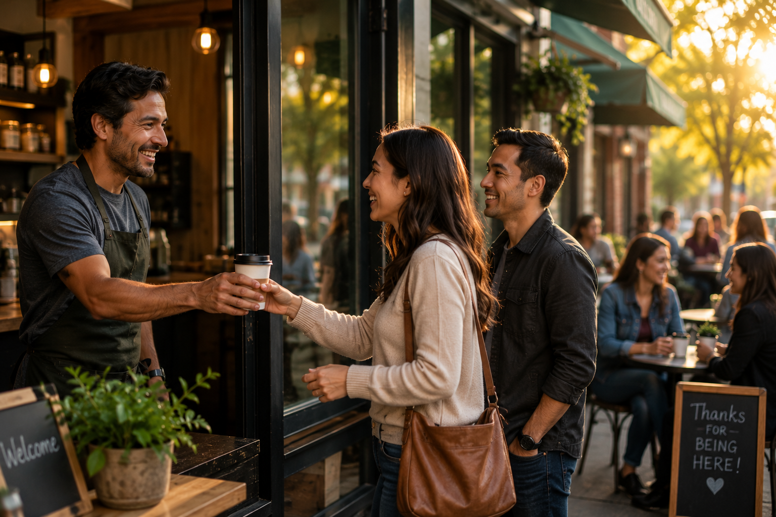 Returning customers being welcomed back by a local business owner