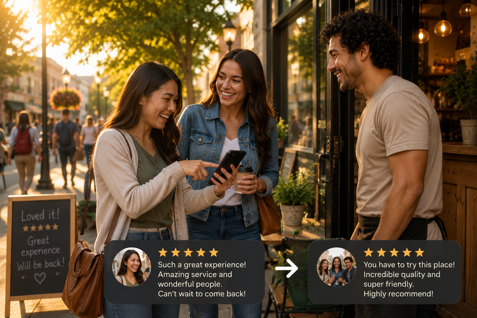 Happy customers sharing reviews and referrals for a local business